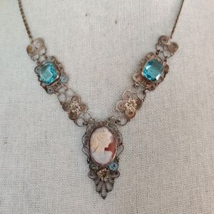 Antique sterling carved shell cameo blue topaznecklace